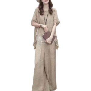 コットンリネンセットアップ レディース 2点セット シャツ+ワイドパンツ パンツドレス ロング丈 夏服